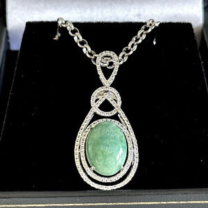 925 Sterling Silver Natural Emerald & White Sapphire Pendant Necklace $1,050